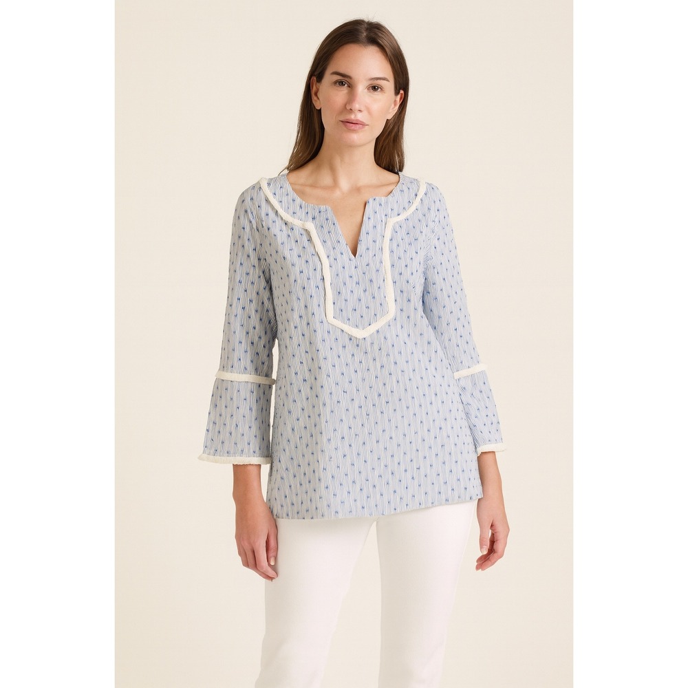 Sail to Sable Nautical Blue White Clip Dot Fringe Tunic Top Size Small